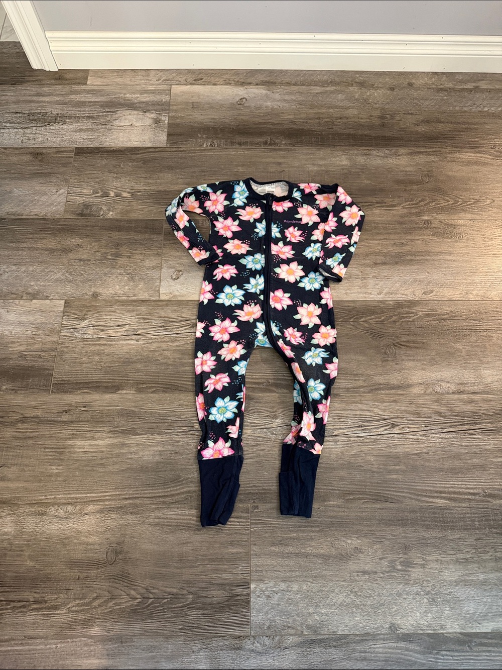 Bonds Floral Zip-Front Baby One-Piece in Navy with Pink & Blue Flowers